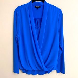 ALFANI Solid Blue V Neck Wrap Long Sleeve Blouse